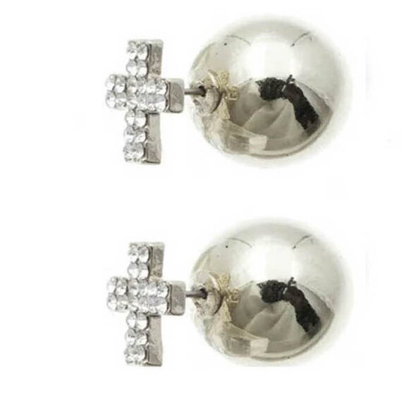 Reversible Crystal Cross and  Heart Snowflake Stud Earrings Set - Picture 3 of 7